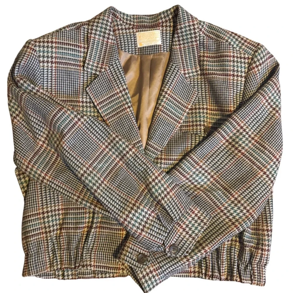 Pendleton‎ Women Houndstooth Brown Short Jacket 3 buttons 100% Virgin Wool